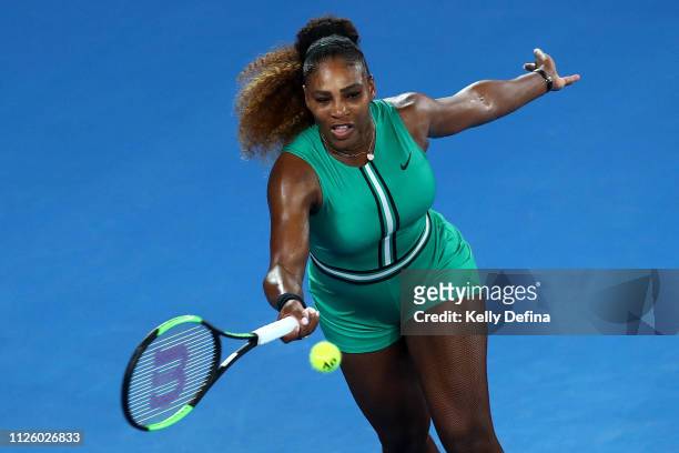 Serena Williams of the United States plays a forehand in her second round match against Eugene Bouchard of Canada during day four of the 2019...