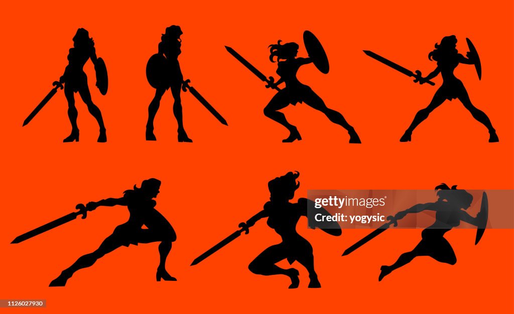 Vector vrouwelijke krijger superheld silhouet Set