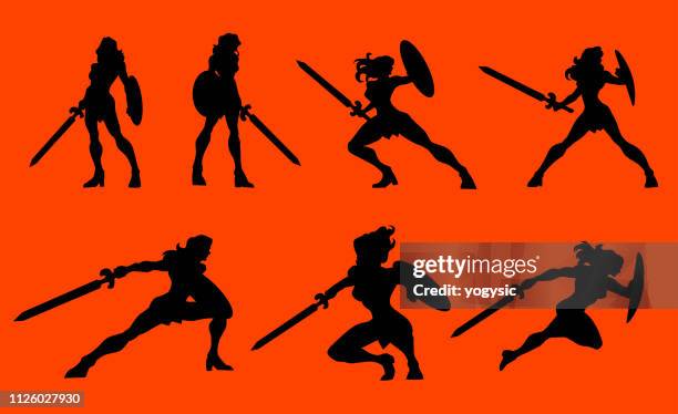 vector female warrior superhero silhouette set - ancient female warriors stock illustrations