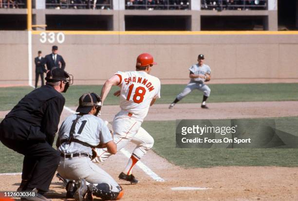 Mike Shannon of the St. Louis Cardinals bats against the Detroit Tigers during the 1968 World Series in October 1968 at Busch Stadium in St. Louis,...