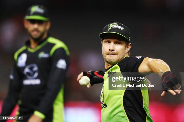 Shane Watson of the Thunder warms up during the Big Bash League match between the Melbourne Renegades and Sydney Thunder at Marvel Stadium on January...