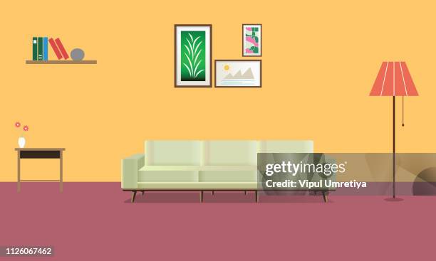 living room interior design with furniture. flat style vector illustration - cartoon house stock illustrations