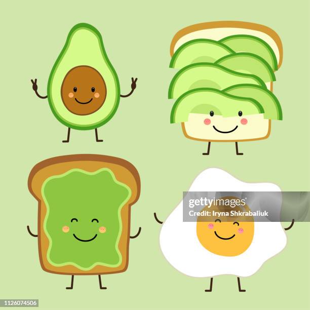 Cute hand drawn cartoon characters of avocado and toast