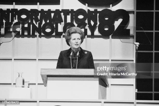 British Conservative Party politician and Prime Minister of the United Kingdom Margaret Thatcher speaking at the opening conference on Information...