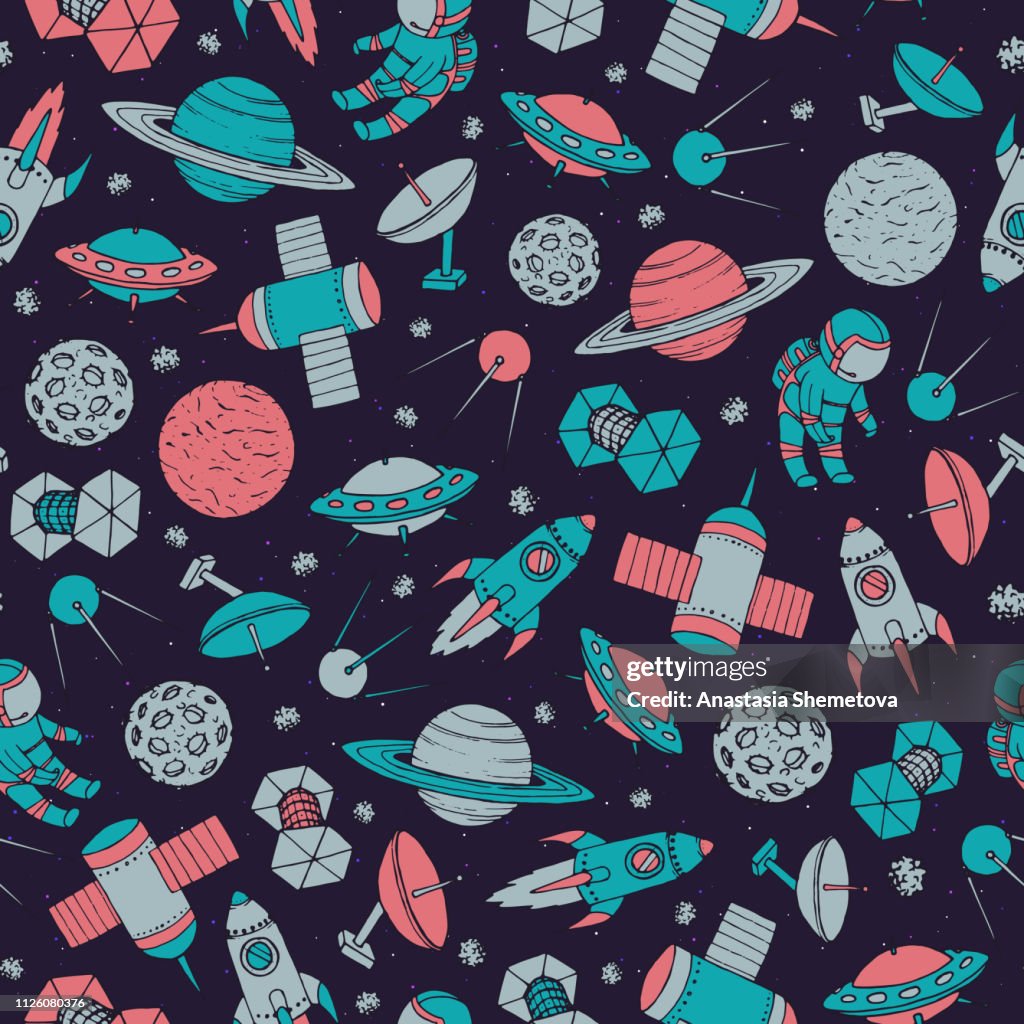 Hand Drawn Vector Seamless Pattern With Cosmonauts Satellites Rockets ...