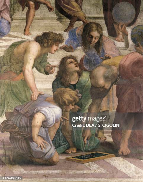 Euclid drawing the figure of an hexagram with a compass, detail of The School of Athens, 1508-1511, by Raphael , fresco, Room of the Segnatura,...