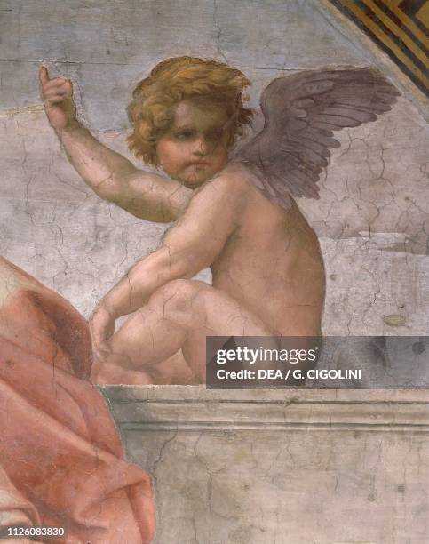 Putto portraying Faith, detail of Cardinal and Theological Virtues and the Law by Raphael , fresco, Room of the Segnatura, Apostolic Palace, Vatican...