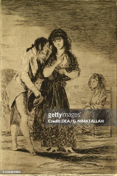 Even thus he cannot make her out , plate 7 from Los Caprichos by Francisco de Goya , etching.