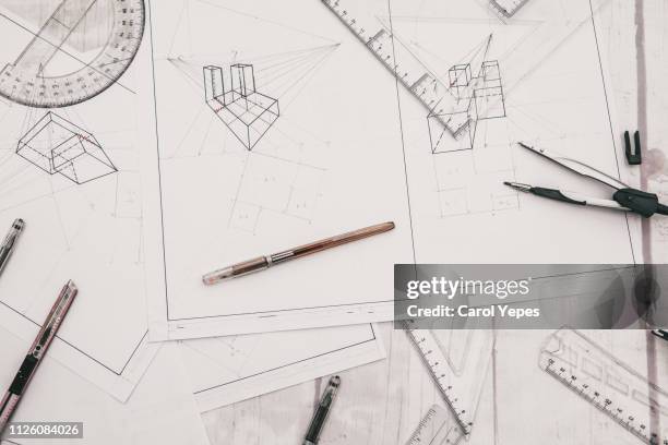 architect designer desktop.top view - geometry tools stock pictures, royalty-free photos & images