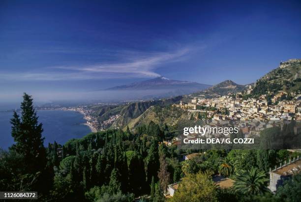 View of Taormina and Mount Tauro, Sicily, Italy.