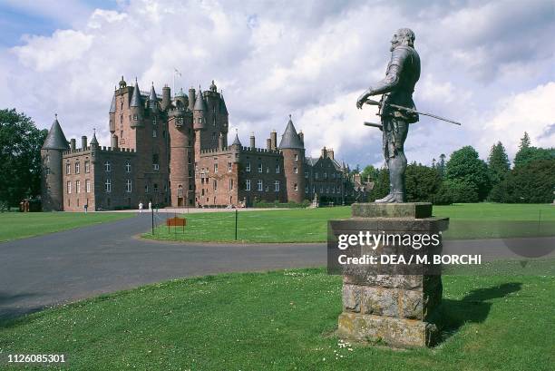 Glamis castle gardens and the statue of King Charles I, Angus, Scotland, United Kingdom, 12th-19th century.