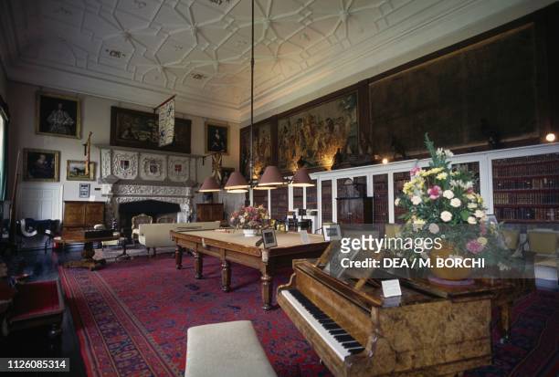 Billiard room with a piano in the foreground, Glamis castle, Angus, Scotland, United Kingdom, 12th-19th century.