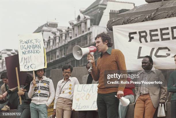 British activist and Labour Party member Peter Hain delivers a speech to protesters during a rally in Trafalgar Square against President Idi Amin's...