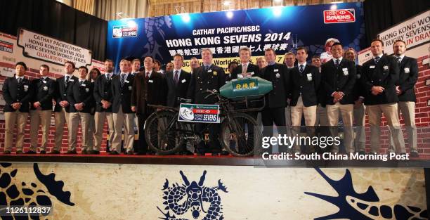 Hong Kong Sevens rugby team pose for group photo with Cultural and sports lawmaker Ma Fung-kwok; Rupert Hogg, director of sales and marketing, Cathay...