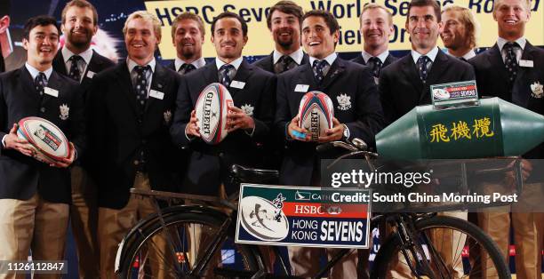 Hong Kong Sevens rugby team pose for group photo at the Cathay Pacific / HSBC Hong Kong Sevens 2014 Official Draw held at the Confucius Hall...