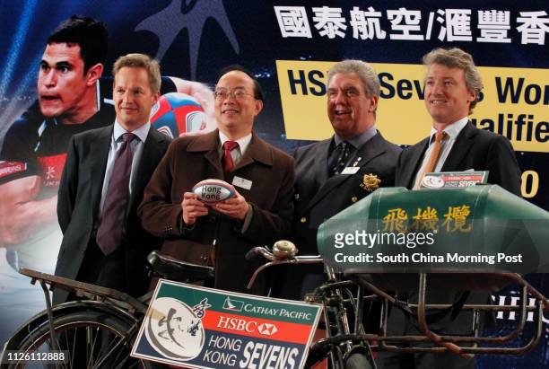 Rupert Hogg, director of sales and marketing, Cathay Pacific; Cultural and sports lawmaker Ma Fung-kwok; Trevor Gregory, Chairman, Hong Kong Rugby...