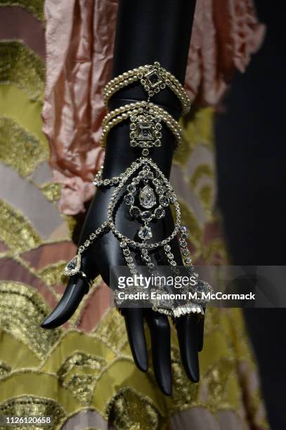 Designer pieces on display during the "Christian Dior: Designer of Dreams" exhibition at Victoria & Albert Museum on January 30, 2019 in London,...