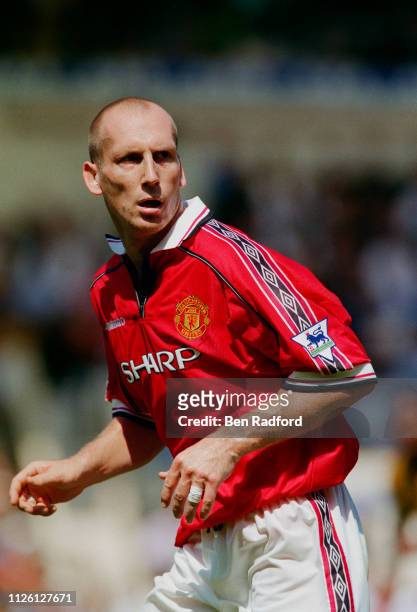 Jaap Stam of Manchester United in action during the FA Charity Shield match against Arsenal at Wembley Stadium in London. Arsenal won 3-0.