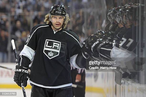 Michal Handzus of the Los Angeles Kings celebrates with teammates after scoring a goal in the first period against the San Jose Sharks in game three...