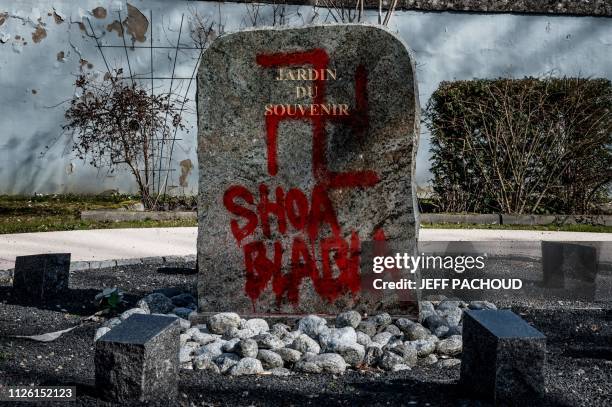 Photo shows a swastika and the words "Shoa blabla" on the stele of the "Jardin du Souvenir" after antisemitic graffiti was discovered in the...