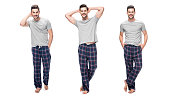 collage of handsome relaxing young man in pajama standing and smiling isolated on white