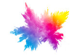 Multicolored powder explosion on white background. Color dust splash cloud on background. Launched colorful particles on background.