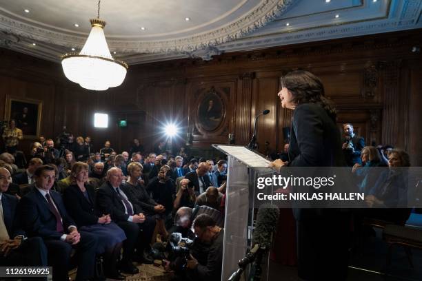 Former Conservative Party and now an Independent MP Heidi Allen speaks at a press conference with her colleagues Anna Soubry and Sarah Wollaston in...