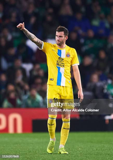Leo Baptistao of RCD Espanyol celebrates after scoring goal during the Copa del Quarter Final match between Real Betis Balompie and RCD Espanyol at...