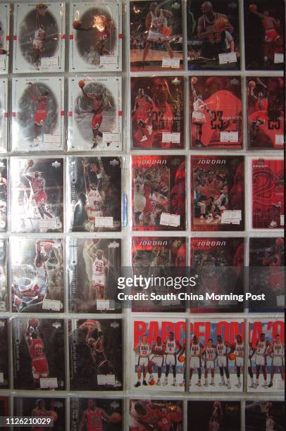 Trading cards , part of the collectables of NBA player Michael Jordan pictured in Cuties Shop at Allied Plaza , Mongkok.