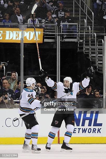 Ryane Clowe of the San Jose Sharks celebrates a goal against the Los Angeles Kings in the second period of game three of the Western Conference...