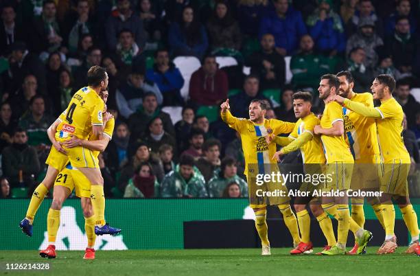 Leo Baptistao of RCD Espanyol celebrates with team mates after scoring goal during the Copa del Quarter Final match between Real Betis Balompie and...