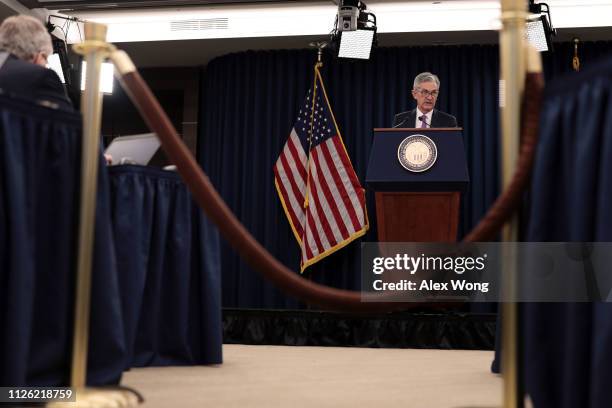 Federal Reserve Board Chairman Jerome Powell speaks during a news conference after a Federal Open Market Committee meeting January 30, 2019 in...
