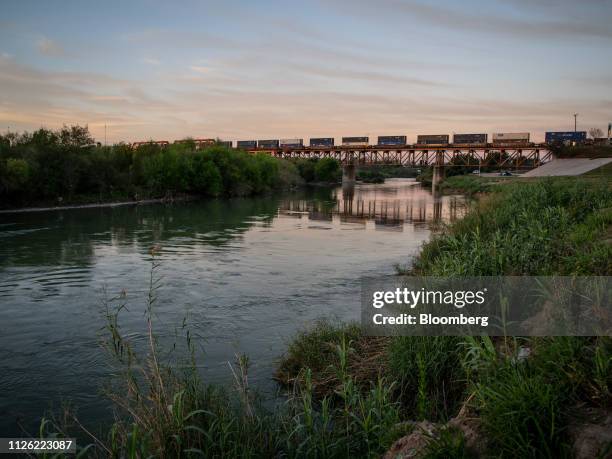 Freight train travels along the Texas Mexican Railway International Bridge from Nuevo Laredo, Tamaulipas state, Mexico into Laredo, Texas, U.S., on...