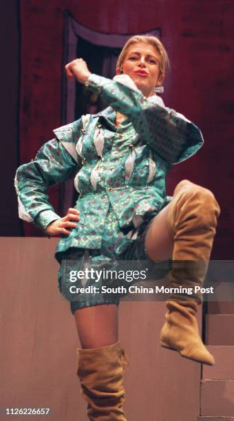 Drama teacher and actress Mini Elliot plays The Prince in a dress rehearsal of the Hong Kong Players' Christmas pantomime Snow White at the Shouson...