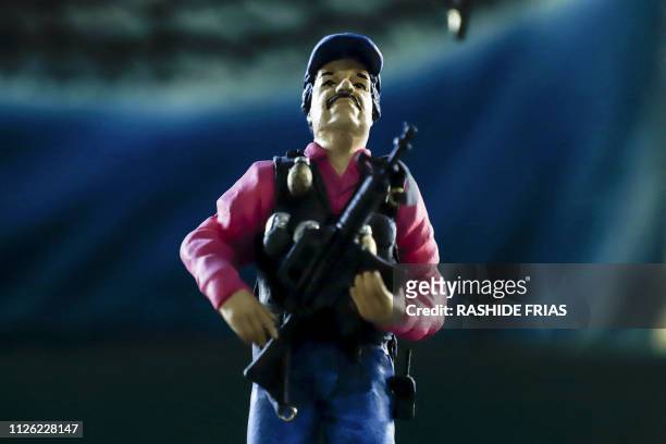Statue of Mexican drug lord Joaquin "El Chapo" Guzman, is displayed for sale at the narco-saint Jesus Malverde chapel in Culiacan, Sinaloa state in...