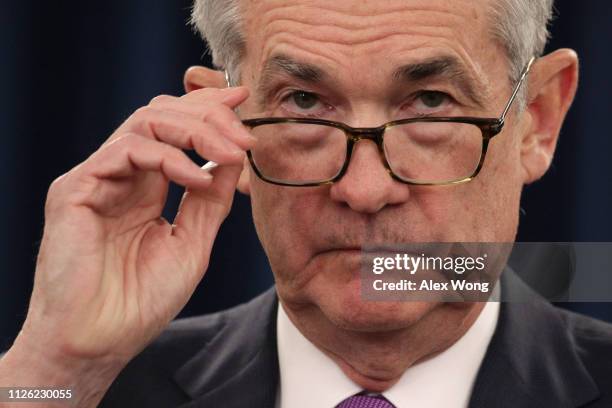 Federal Reserve Board Chairman Jerome Powell pauses during a news conference after a Federal Open Market Committee meeting January 30, 2019 in...
