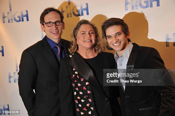 Stephen Kunken, Kathleen Turner and Evan Jonigkeit attend the after party for the Broadway opening night of "High" at SD26 on April 19, 2011 in New...