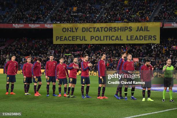 Political banner is unveiled ahead of kick off during the Copa del Rey Quarter Final second leg match between FC Barcelona and Sevilla FC at Nou Camp...