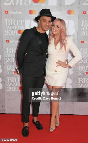 Jade Jones and Emma Bunton arrive at The BRIT Awards 2019 held at The O2 Arena on February 20, 2019 in London, England.