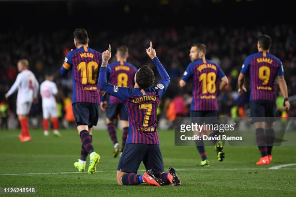 Philippe Coutinho of Barcelona celebrates scoring his sides third goal during the Copa del Rey Quarter Final second leg match between FC Barcelona...