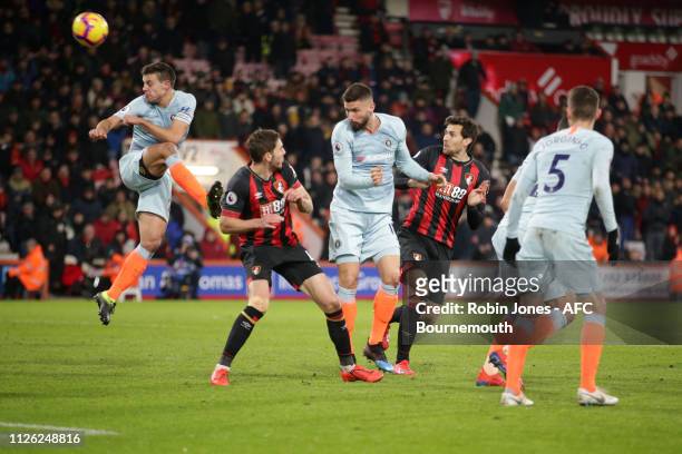 Charlie Daniels of Bournemouth heads in to score a goal to make it 4-0 during the Premier League match between AFC Bournemouth and Chelsea FC at...