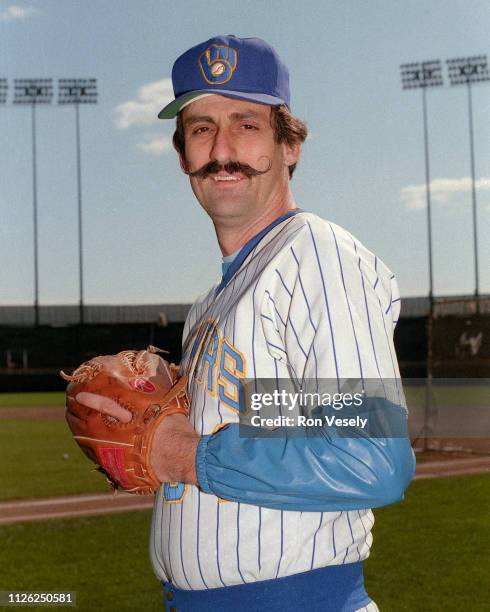 Rollie Fingers of the Milwaukee Brewers poses before an MLB game at County Stadium in Milwaukee. Wisconsin. Fingers played with the Brewers from...