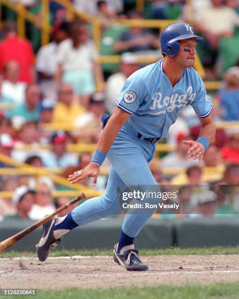George Brett of the Kansas City Royals bats during an MLB game at Comiskey Park, in Chicago, Illinois. Brett played for the Kansas City Royals from...