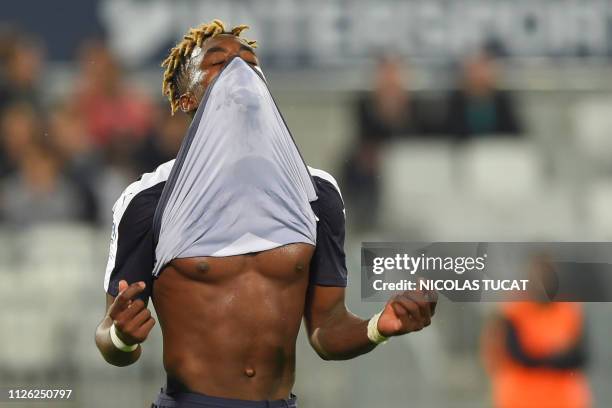 Bordeaux's French forward Yann Karamoh reacts during the French L1 football match between Girondins de Bordeaux and En avant de Guingamp on February...