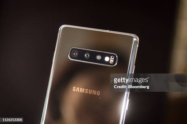Samsung Electronics Co. Galaxy S10+ smartphone is arranged for a photograph ahead of the Samsung Unpacked product launch event in San Francisco,...