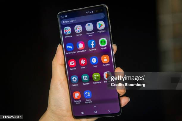 Samsung Electronics Co. Galaxy S10+ smartphone with dual front facing cameras is arranged for a photograph ahead of the Samsung Unpacked product...