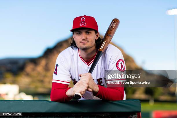 Los Angeles Angels outfielder Jarrett Parker poses for a portrait during the Los Angeles Angels photo day on Tuesday, Feb. 19, 2019 at Tempe Diablo...