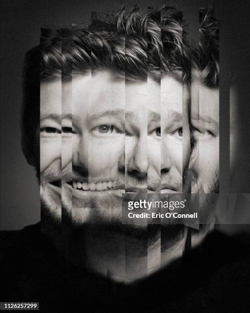 conceptual portrait of man, reflected in many mirrors, changing emotion from happy to sad - emotional stress stock-fotos und bilder