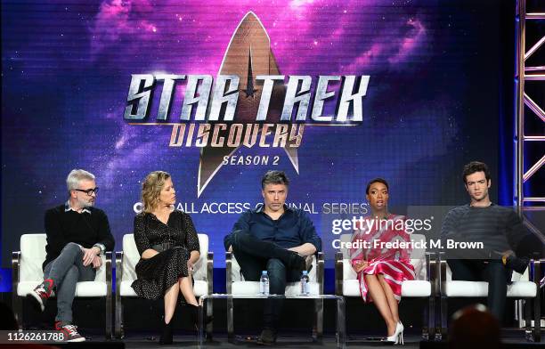 Alex Kurtzman, Hreather Kadin, Anson Mount, Sonequa Martin-Green, and Ethan Peck of the television show "Star Trek: Discovery" speak during the CBS...