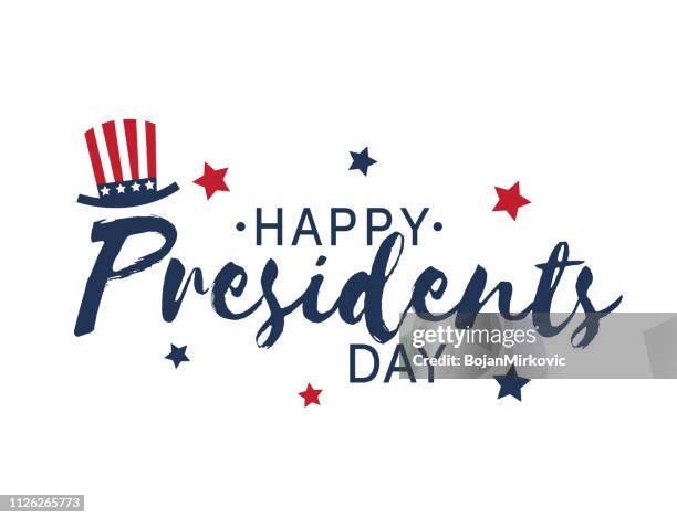 illustrazioni stock, clip art, cartoni animati e icone di tendenza di happy presidents day scritte vintage su sfondo bianco con cappello e stelle. illustrazione vettoriale. - february